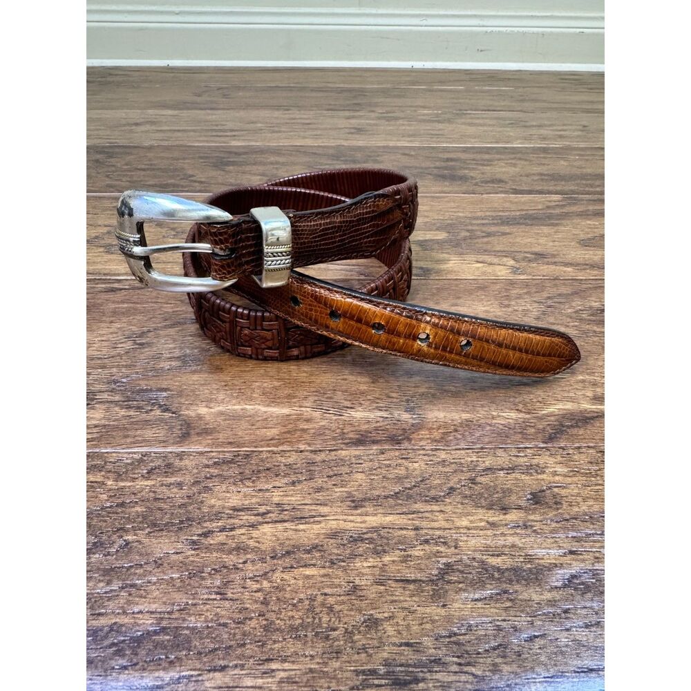 VTG-Genuine Full Grain Leather Woven Saddle Brown Belt, Silver Buckle, Sz 34/35